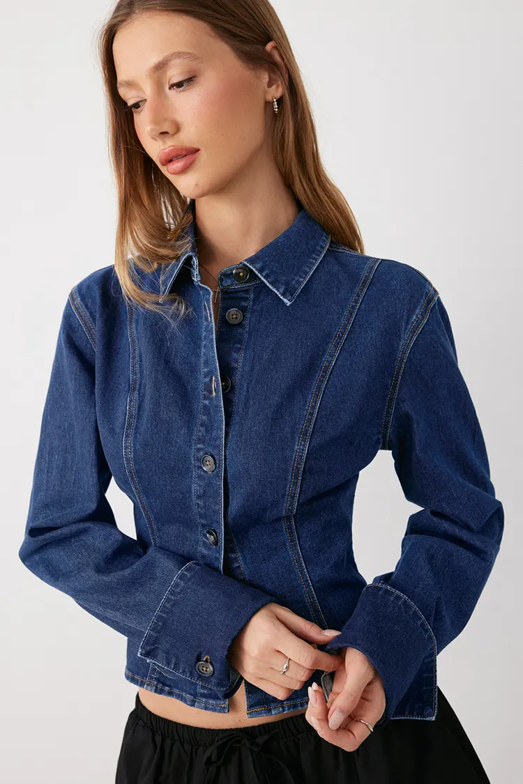 Women's Fitted Washed Denim Blouse
