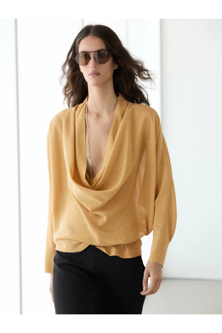 Kvinders linned draperet cowl-neck langærmet bluse